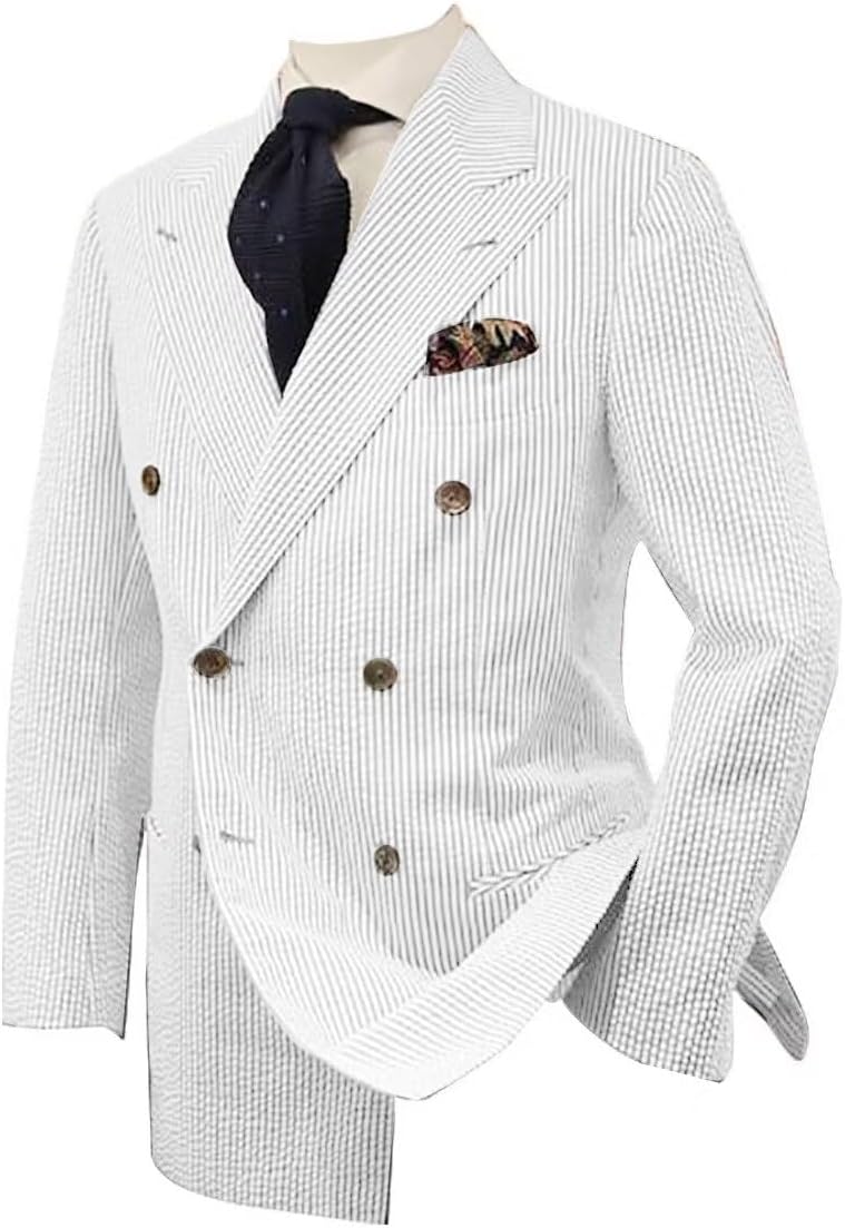 HUUTOE Seersucker Suit Jacket Double Breasted Coat Men Aqua